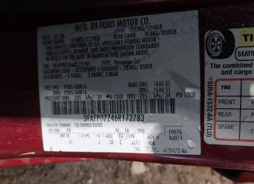 Photo 9 of 2006 Ford Fusion SE (VIN 3FAFP07Z46R172783)