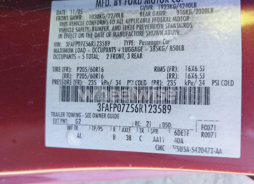 Photo 9 of 2006 Ford Fusion SE (VIN 3FAFP07Z56R123589)