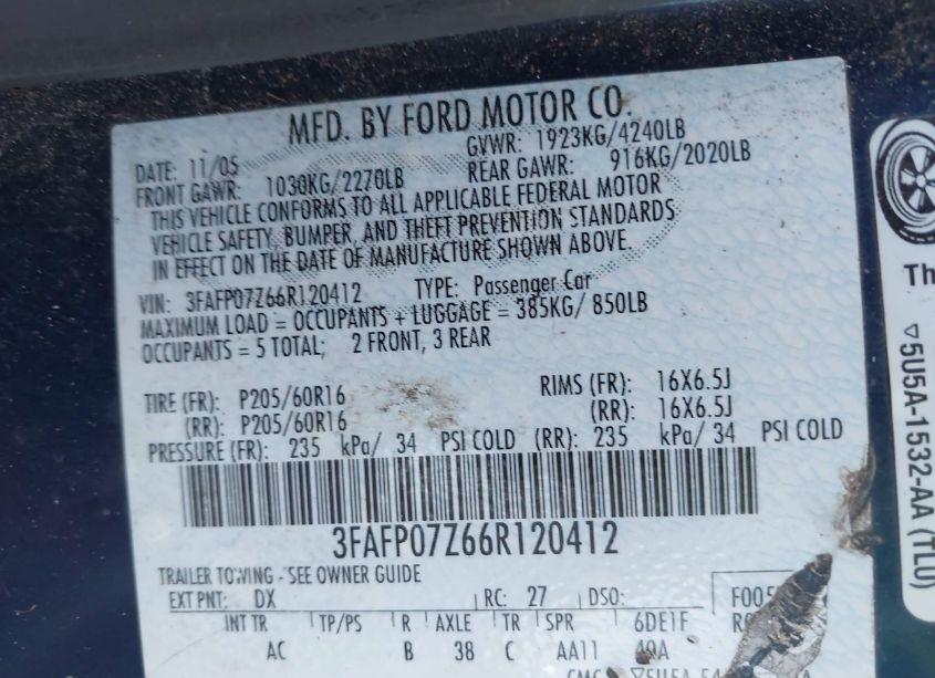 Photo 9 of 2006 Ford Fusion SE (VIN 3FAFP07Z66R120412)