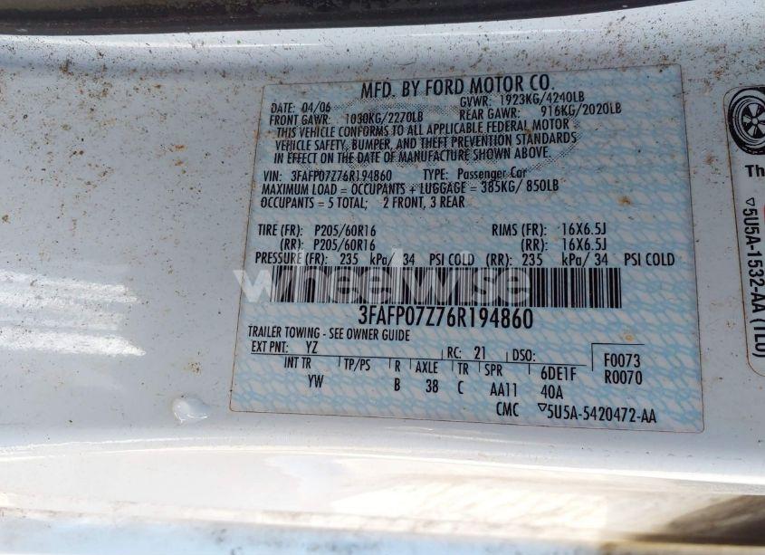 Photo 9 of 2006 Ford Fusion SE (VIN 3FAFP07Z76R194860)