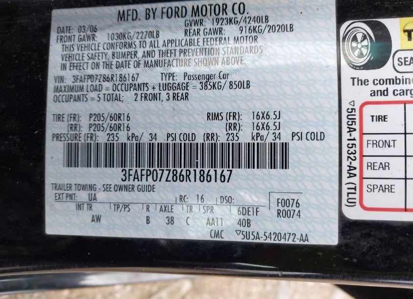 Photo 9 of 2006 Ford Fusion SE (VIN 3FAFP07Z86R186167)