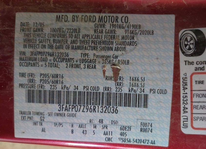 Photo 9 of 2006 Ford Fusion SE (VIN 3FAFP07Z96R132036)