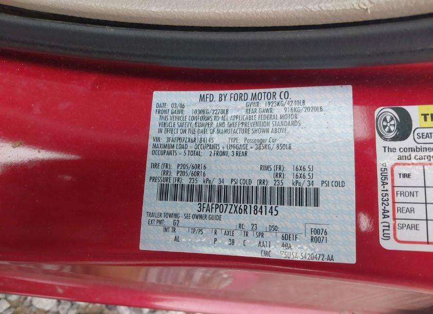 Photo 9 of 2006 Ford Fusion SE (VIN 3FAFP07ZX6R184145)