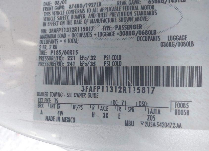 Photo 9 of 2002 Ford Escort ZX2 (VIN 3FAFP11312R115817)