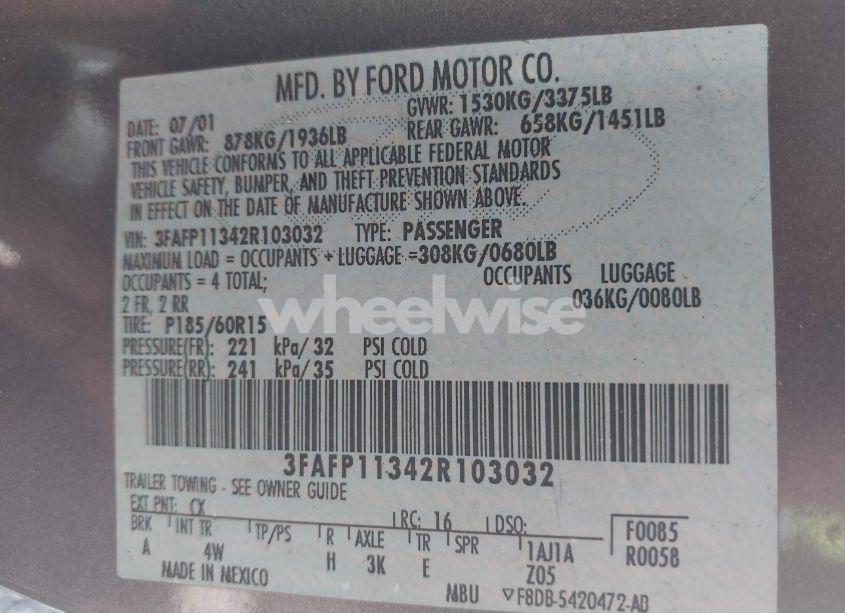 Photo 9 of 2002 Ford Escort ZX2 (VIN 3FAFP11342R103032)