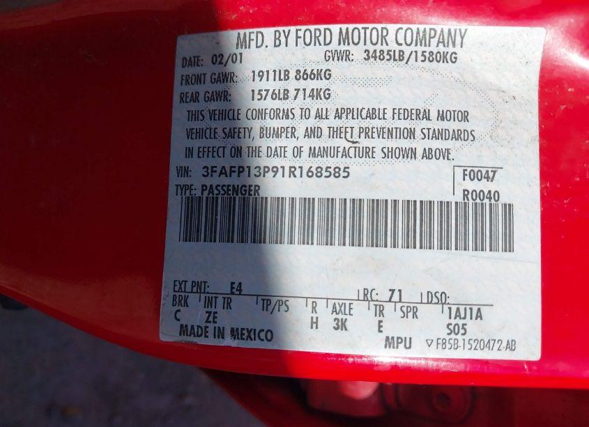 Photo 9 of 2001 Ford Escort N/A (VIN 3FAFP13P91R168585)