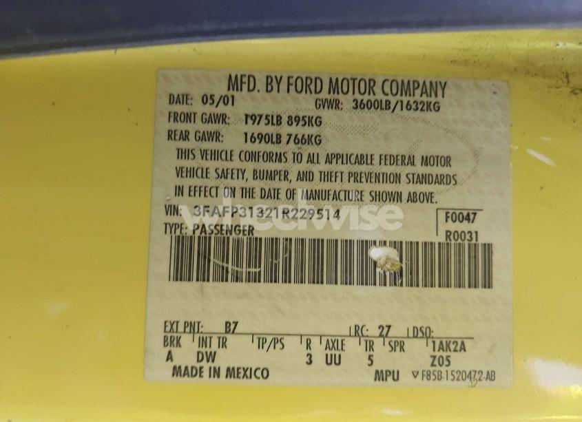 Photo 9 of 2001 Ford Focus ZX3 (VIN 3FAFP31321R229514)