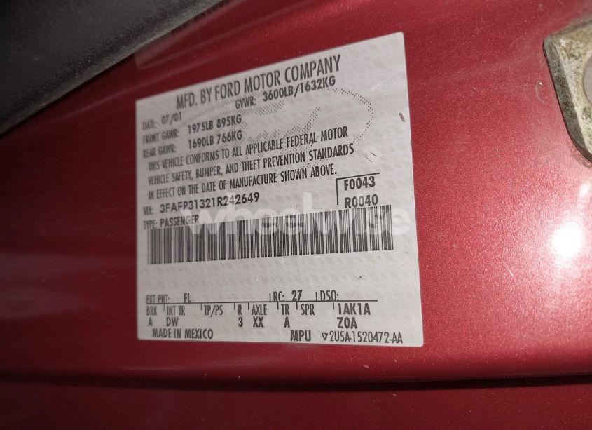 Photo 9 of 2001 Ford Focus ZX3 (VIN 3FAFP31321R242649)