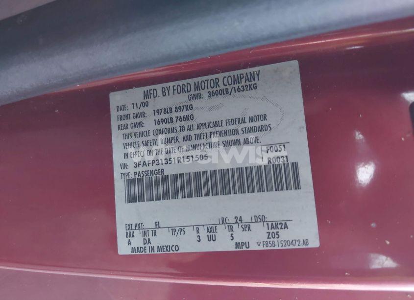 Photo 9 of 2001 Ford Focus ZX3 (VIN 3FAFP31351R151505)