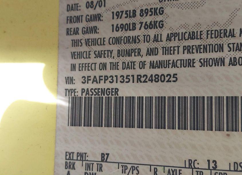 Photo 9 of 2001 Ford Focus ZX3 (VIN 3FAFP31351R248025)