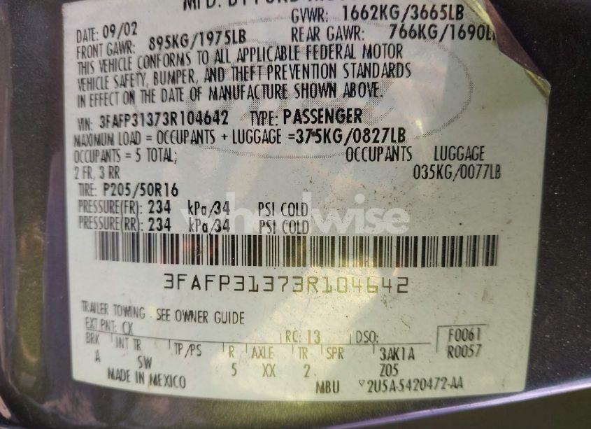 Photo 9 of 2003 Ford Focus ZX3 (VIN 3FAFP31373R104642)