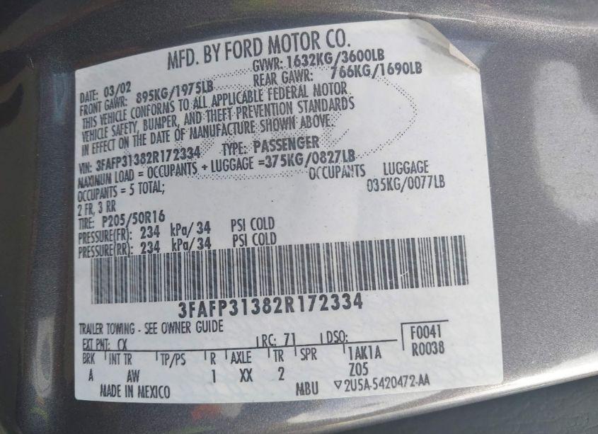 Photo 9 of 2002 Ford Focus ZX3 (VIN 3FAFP31382R172334)