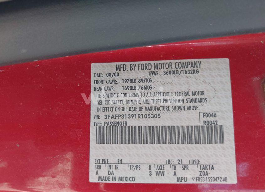 Photo 9 of 2001 Ford Focus ZX3 (VIN 3FAFP31391R105305)