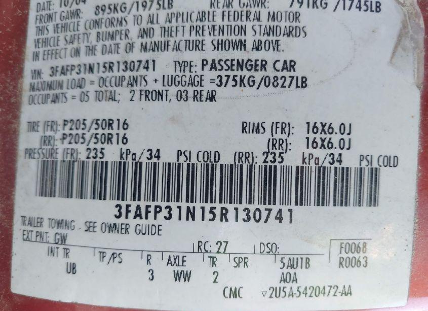 Photo 9 of 2005 Ford Focus ZX3 (VIN 3FAFP31N15R130741)