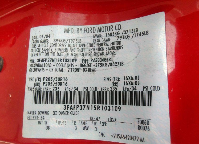 Photo 9 of 2005 Ford Focus ZX5 (VIN 3FAFP37N15R103109)