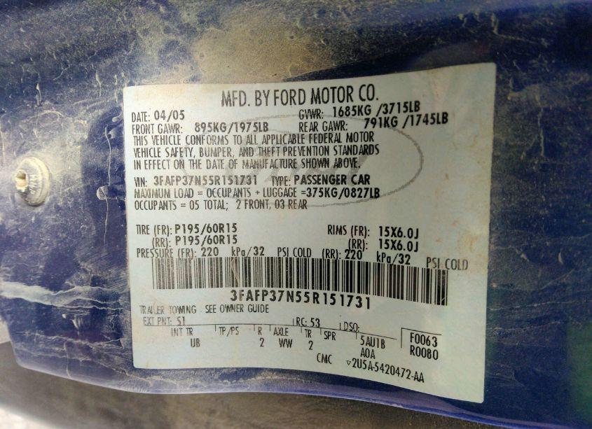 Photo 9 of 2005 Ford Focus ZX5 (VIN 3FAFP37N55R151731)