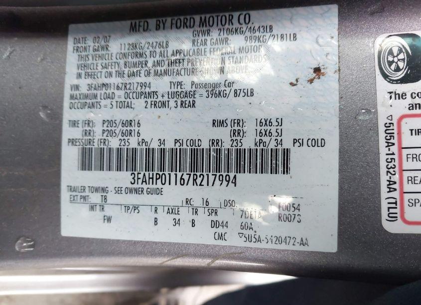 Photo 9 of 2007 Ford Fusion SE (VIN 3FAHP01167R217994)