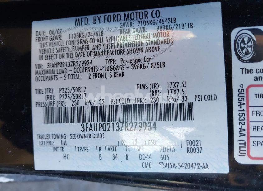 Photo 9 of 2007 Ford Fusion SEL (VIN 3FAHP02137R279934)
