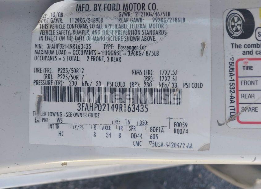 Photo 9 of 2009 Ford Fusion SEL (VIN 3FAHP02149R163435)