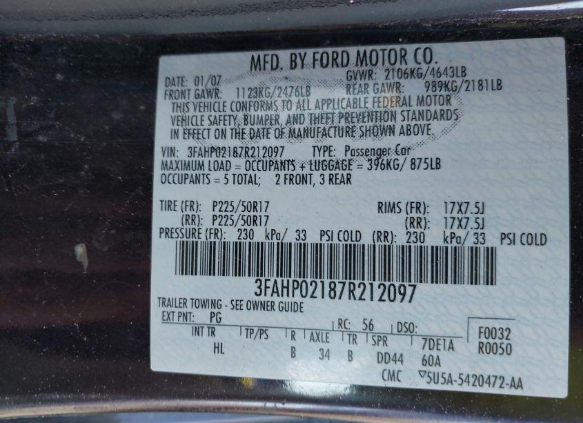 Photo 9 of 2007 Ford Fusion SEL (VIN 3FAHP02187R212097)