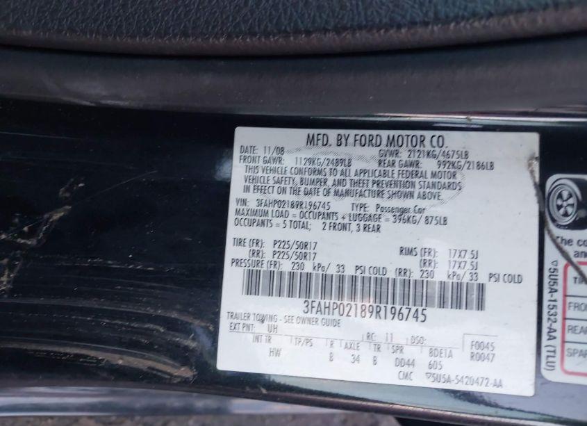 Photo 9 of 2009 Ford Fusion SEL (VIN 3FAHP02189R196745)