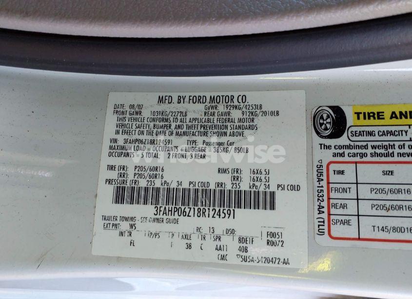 Photo 9 of 2008 Ford Fusion S (VIN 3FAHP06Z18R124591)