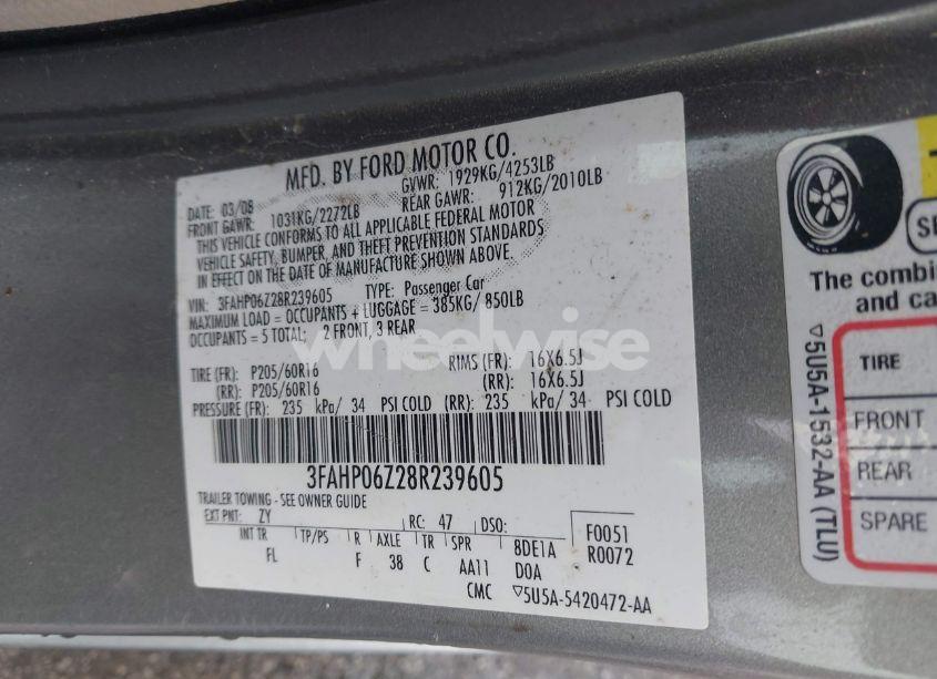 Photo 9 of 2008 Ford Fusion S (VIN 3FAHP06Z28R239605)