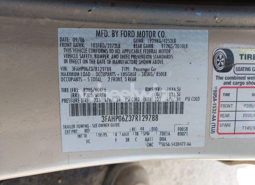 Photo 9 of 2007 Ford Fusion S (VIN 3FAHP06Z37R129788)