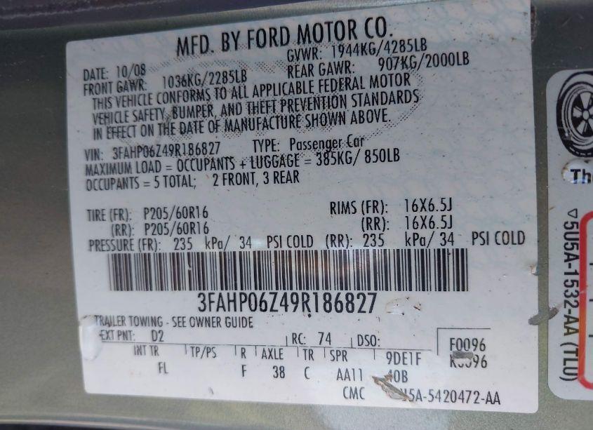 Photo 9 of 2009 Ford Fusion S (VIN 3FAHP06Z49R186827)