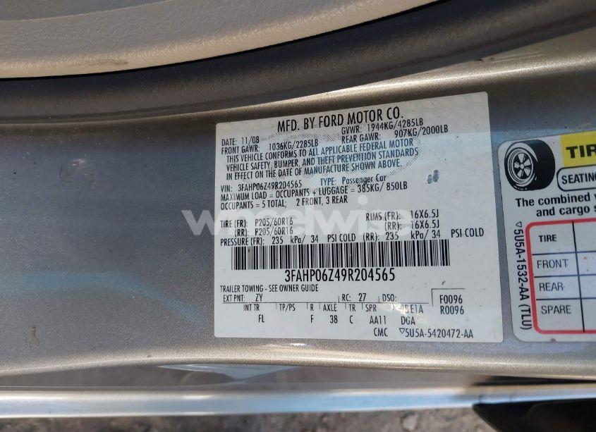 Photo 9 of 2009 Ford Fusion S (VIN 3FAHP06Z49R204565)