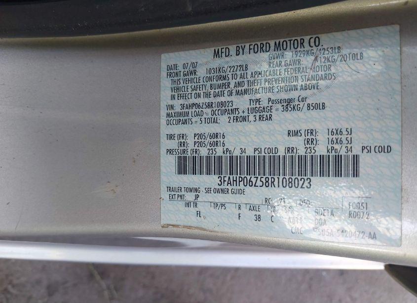 Photo 9 of 2008 Ford Fusion S (VIN 3FAHP06Z58R108023)