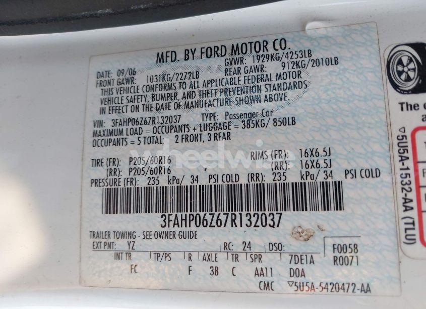Photo 9 of 2007 Ford Fusion S (VIN 3FAHP06Z67R132037)