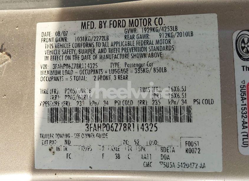 Photo 9 of 2008 Ford Fusion S (VIN 3FAHP06Z78R114325)