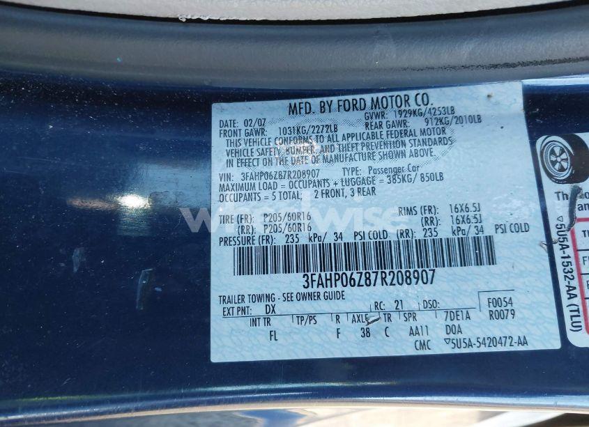 Photo 9 of 2007 Ford Fusion S (VIN 3FAHP06Z87R208907)