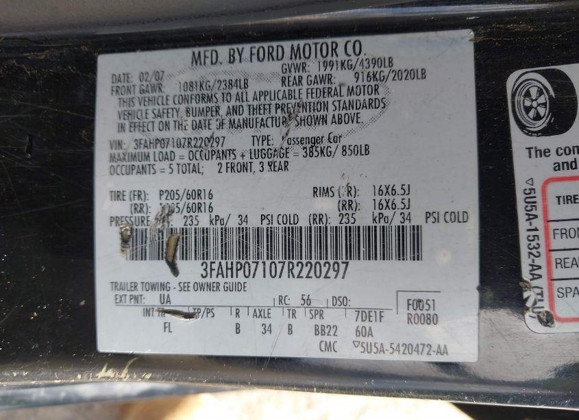 Photo 9 of 2007 Ford Fusion SE (VIN 3FAHP07107R220297)