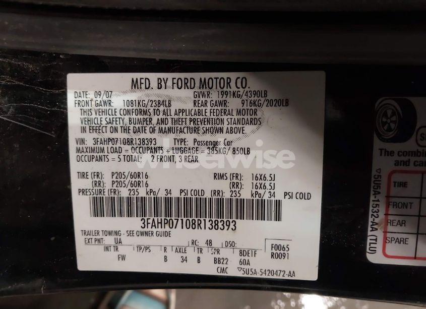 Photo 9 of 2008 Ford Fusion SE (VIN 3FAHP07108R138393)