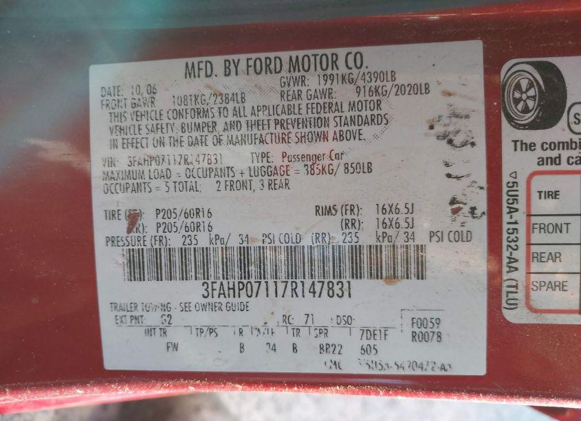 Photo 9 of 2007 Ford Fusion SE (VIN 3FAHP07117R147831)
