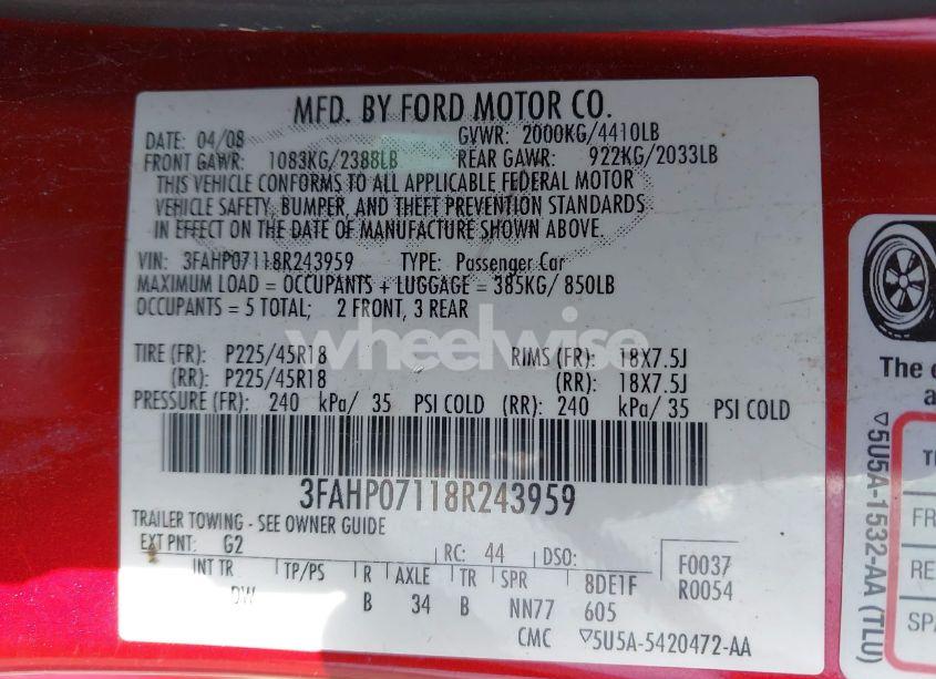 Photo 9 of 2008 Ford Fusion SE (VIN 3FAHP07118R243959)