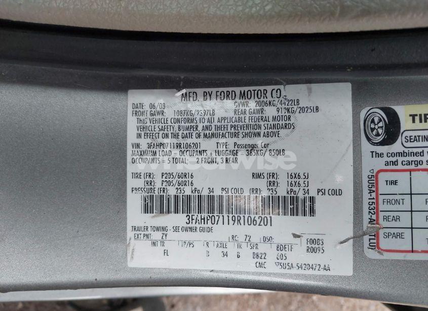 Photo 9 of 2009 Ford Fusion SE (VIN 3FAHP07119R106201)