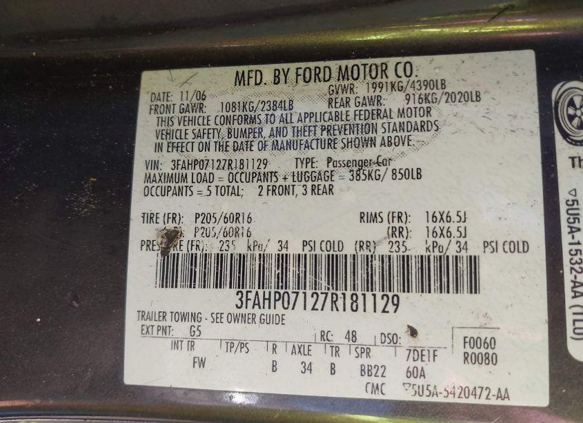 Photo 9 of 2007 Ford Fusion SE (VIN 3FAHP07127R181129)