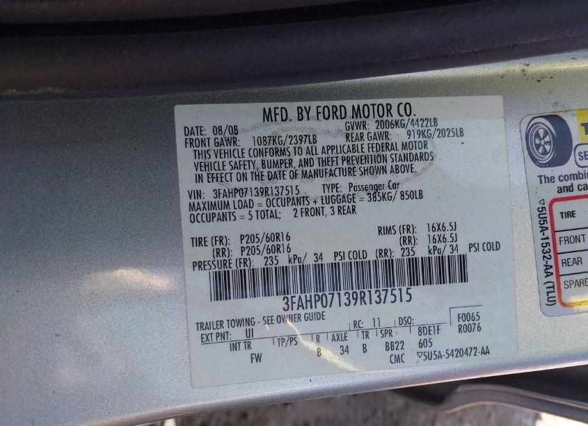 Photo 9 of 2009 Ford Fusion SE (VIN 3FAHP07139R137515)