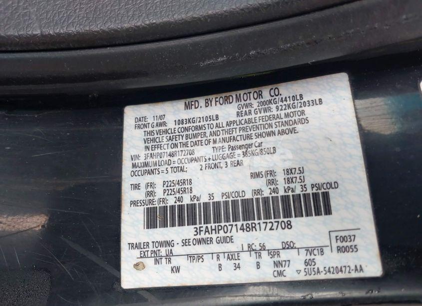 Photo 9 of 2008 Ford Fusion SE (VIN 3FAHP07148R172708)
