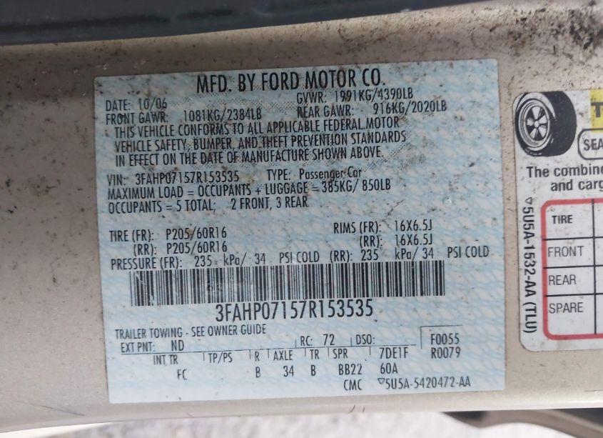 Photo 9 of 2007 Ford Fusion SE (VIN 3FAHP07157R153535)
