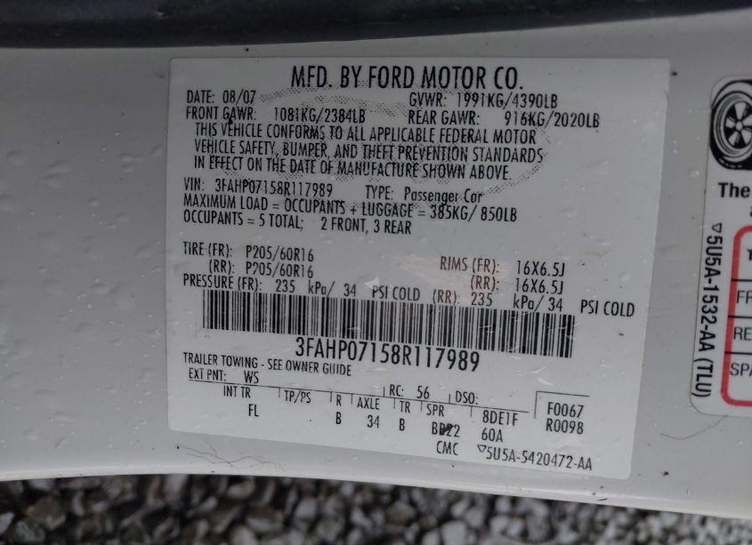 Photo 9 of 2008 Ford Fusion SE (VIN 3FAHP07158R117989)