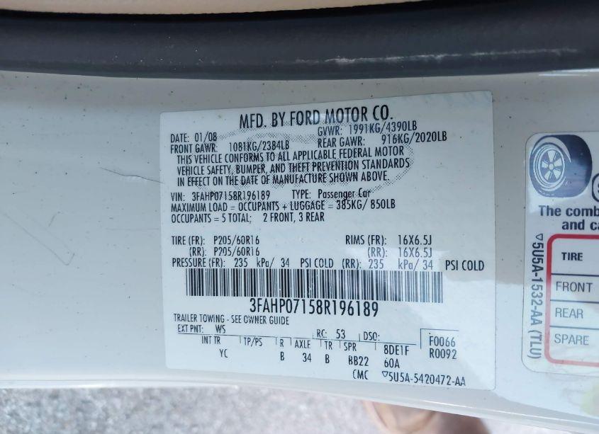 Photo 9 of 2008 Ford Fusion SE (VIN 3FAHP07158R196189)