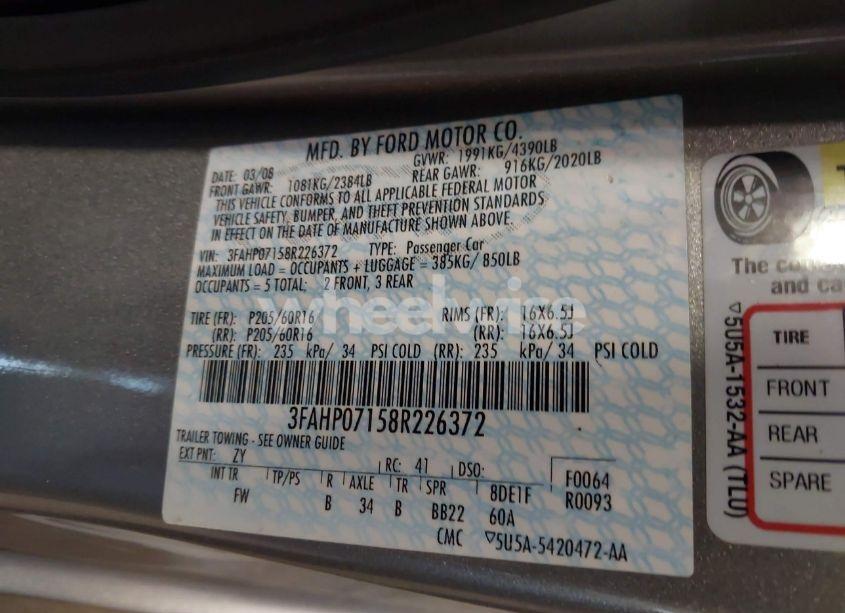 Photo 9 of 2008 Ford Fusion SE (VIN 3FAHP07158R226372)