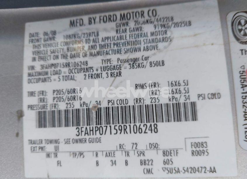 Photo 9 of 2009 Ford Fusion SE (VIN 3FAHP07159R106248)