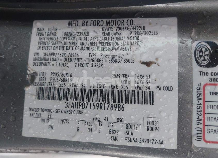 Photo 9 of 2009 Ford Fusion SE (VIN 3FAHP07159R178986)