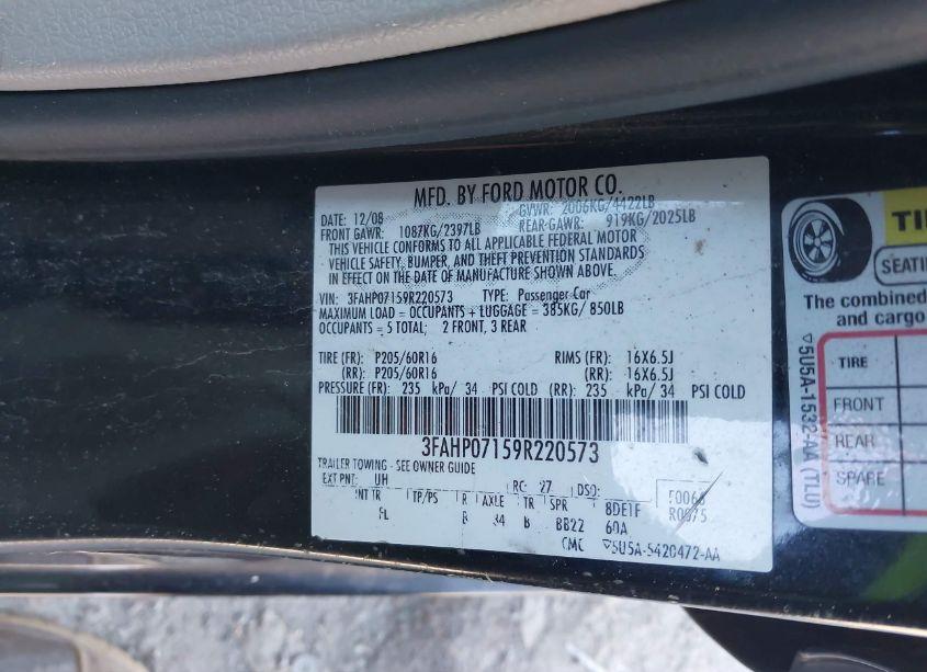 Photo 9 of 2009 Ford Fusion SE (VIN 3FAHP07159R220573)