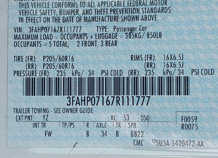 Photo 9 of 2007 Ford Fusion SE (VIN 3FAHP07167R111777)